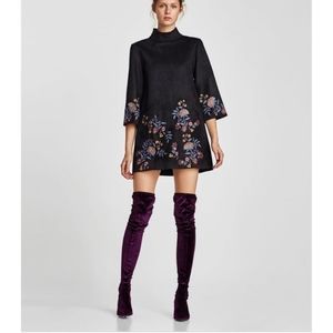 ZARA BLACK SUEDE EMBROIDERED DRESS BACK ZIP MINI SIZE XS